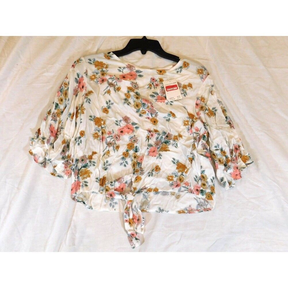 Elodie Women's Cropped Tie Front Floral Blouse  L  Off White Multi